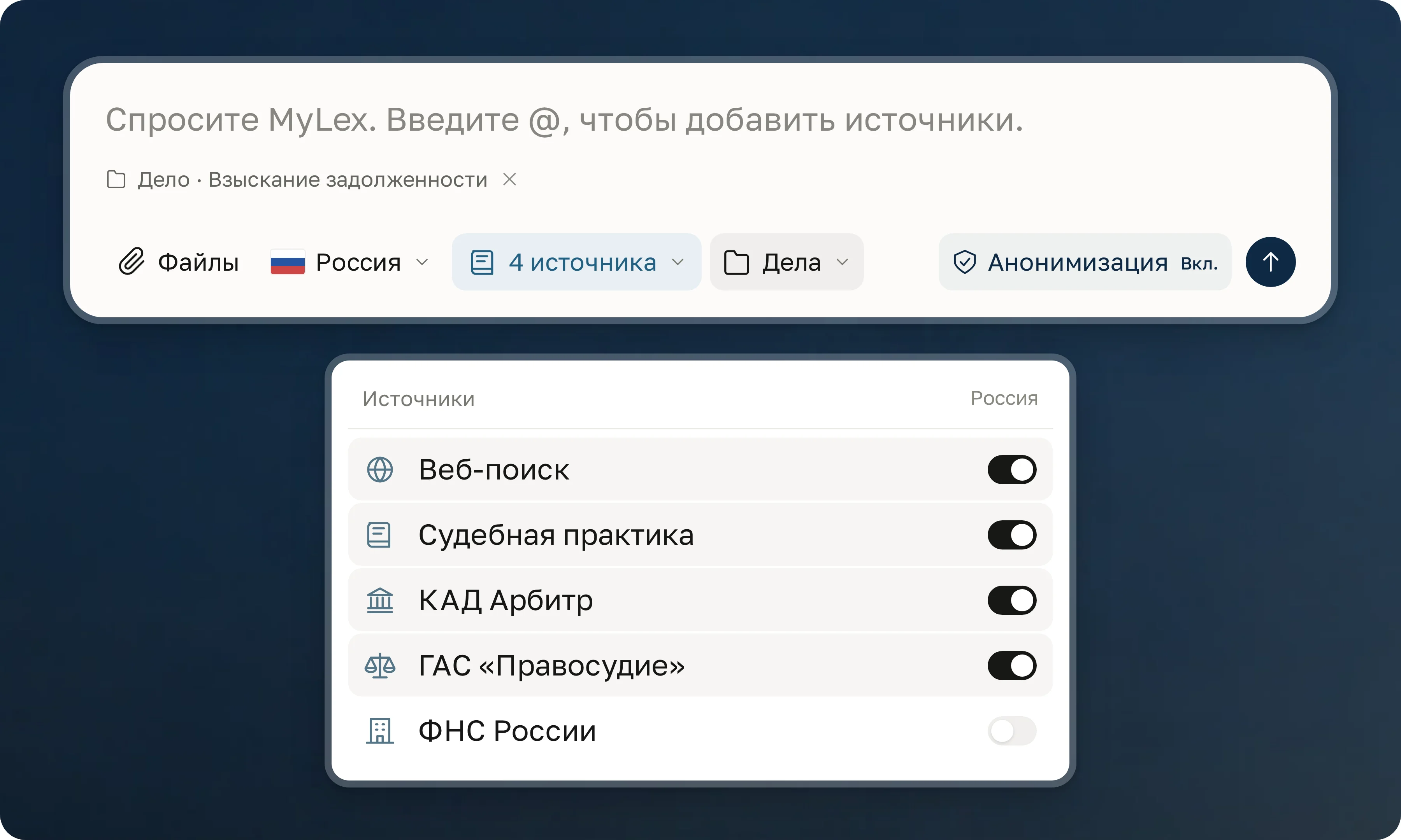 ИИ-чат MyLex: поле запроса, выбранное дело, юрисдикция, источники и включённая анонимизация